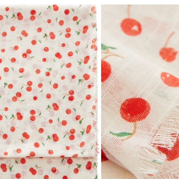 MANGO cherry print off white scarf shawl cotton-linen blend - Picture 12 of 12